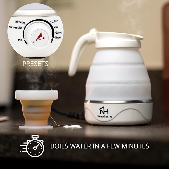 Nikao Home Foldable Electric Kettle Plus Milk Frother and Foldable Cup –Travel Kettle, Portable Tea Kettle for Travel, Mini Collapsible Water Warmer, Compact Design for Easy Storage and Quick Heating.