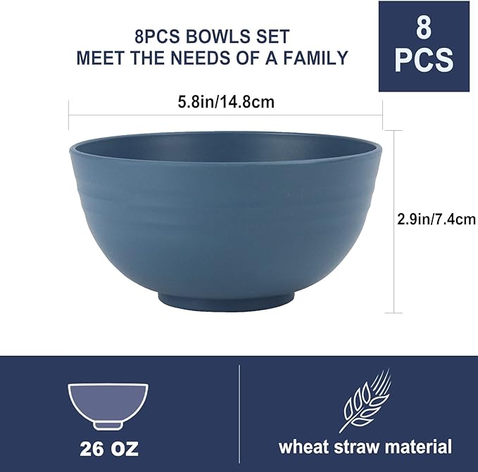 Wheat Straw Bowl Sets,8 PCS Unbreakable Cereal Bowl 26 OZ,Microwave and Dishwasher Safe Bowls,Bowl Sets for Camping and Picnic BPA Free Colorful Salad Bowls for Serving Soup,Oatmeal and Fruit Etcβ¦