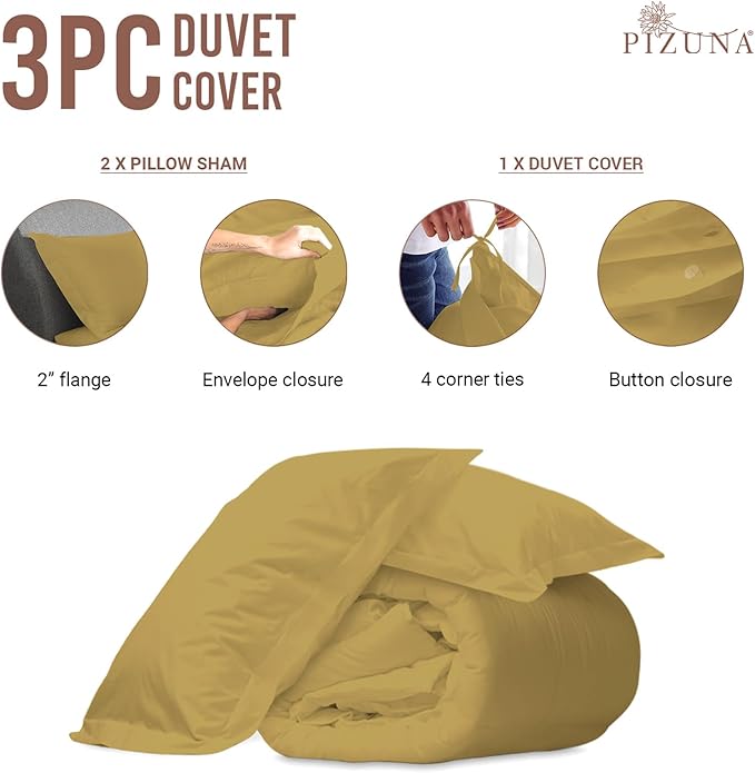 Pizuna Pure 100% Cotton Full Duvet Cover Set, Luxurious 400 Thread Count Long Staple Cotton Sateen Weave with Button Closure (Combed Mustard Gold Cotton Duvet Cover Full)