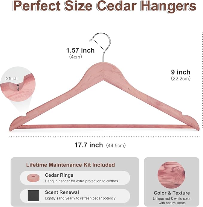 HOUSE DAY Cedar Hangers for Closet, Smooth Cedar Wood Hangers 10 Pack with Rings, 360° Swivel Hook, U-Shape Notched, Non Slip Pant Bar, Sturdy Wooden Clothes Hanger for Coats, Dresses, Suits
