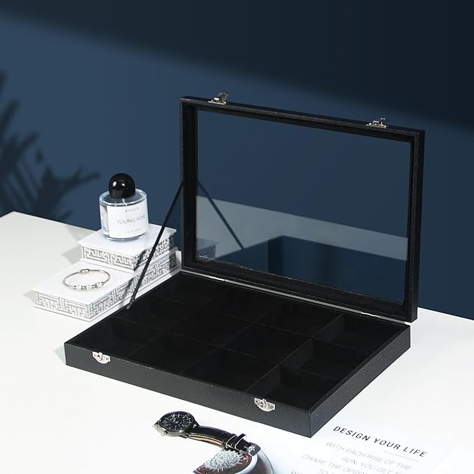 Coward Jewelry Organizer Box, Black Velvet 12 Grids Bracelet Bangle Necklace Jewelry Display Tray Case with Transparent Glass Lid for Home Drawer Desk or Store Selling Show