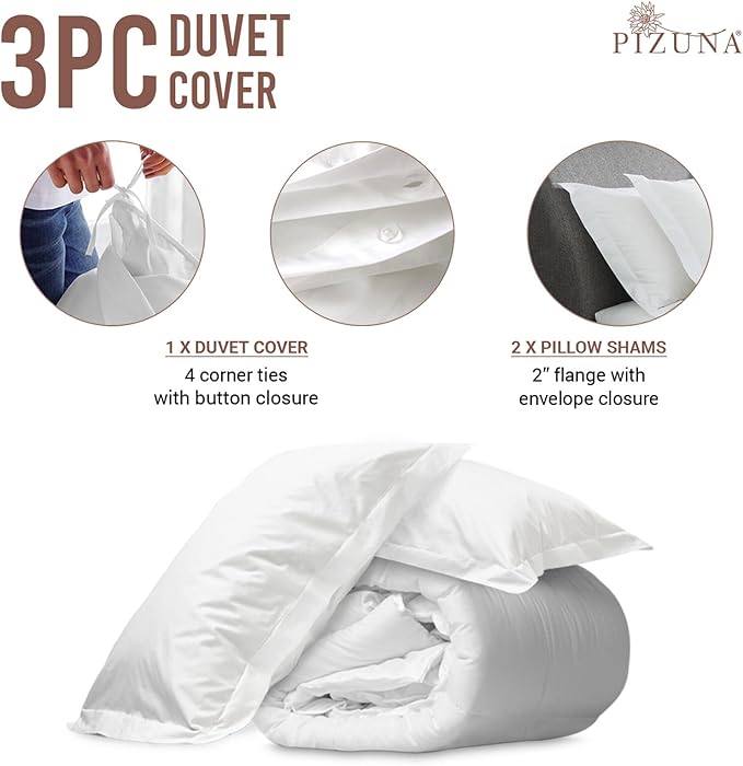 Pizuna Pure 100% Cotton King Duvet Cover with Shams, Luxurious 400 Thread Count Long Staple Cotton Sateen Weave with Hidden Button Closure (Combed White Cotton Duvet Covers King)