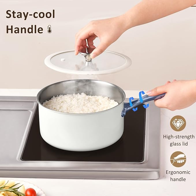 1.5 Quart Tri-ply Stainless Steel Saucepan with Glass Lid, Induction Sauce Pan Compatible with All Cooktops, Non-Toxic Sauce Pot with Stay Cool Handle, Oven & Dishwasher Safe