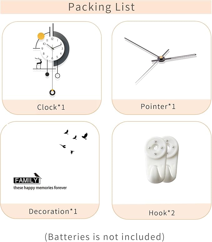 FLEBLE Large Wall Clock for Living Room Decorative Wall Clock Silent Non-Ticking Battery Operated Metal Black Deer Home Decor for Farmhouse Kitchen Bedroom Office and Dinning Room, 14.1x28.3inch