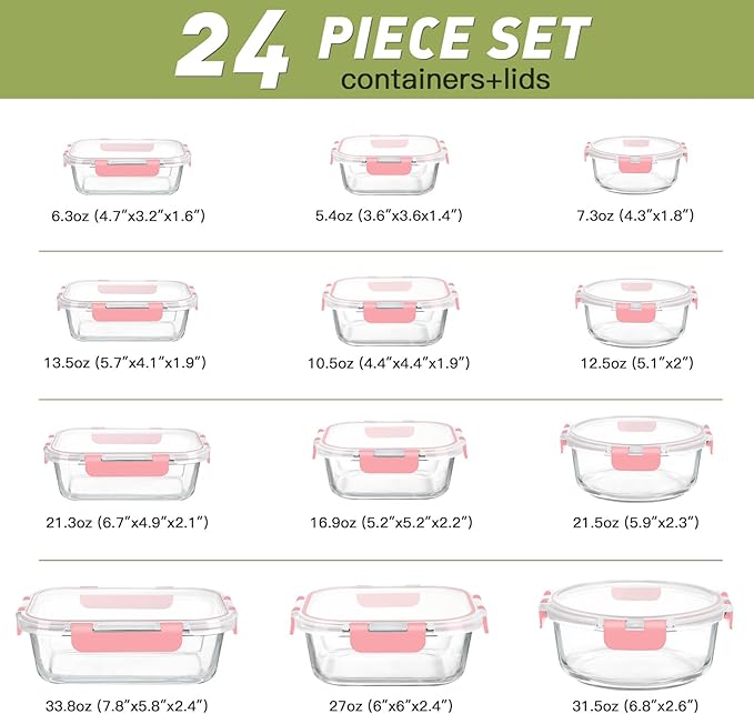 BAYZZ 24 Piece Glass Food Storage Containers with Lids, Airtight Glass Meal Prep Containers for Kitchen, BPA-Free Lunch Box, Microwave and Freezer Safe,Pink