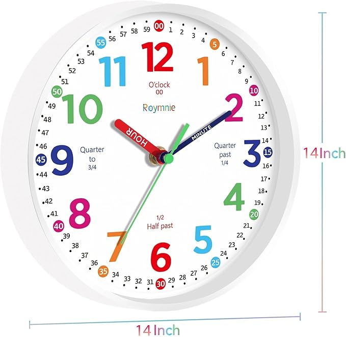 Roymnie14 Inch Wall Clock for Kids Learning to Tell Time Large Analog Silent Battery Operated Teaching Clock Silent Colorful Teaching Time Ideal Gift for Kids Room School(White Grain)