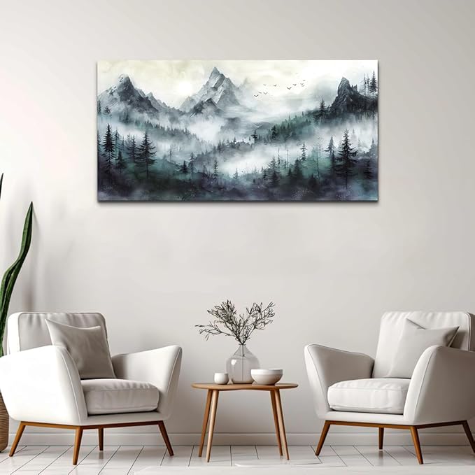 Lapremoly Modern Wall Art - Living Room & Bedroom Decor - Trees Landscape - Foggy Forest - Office Wall Decor - Canvas Prints - Ready to Hang - 40x20