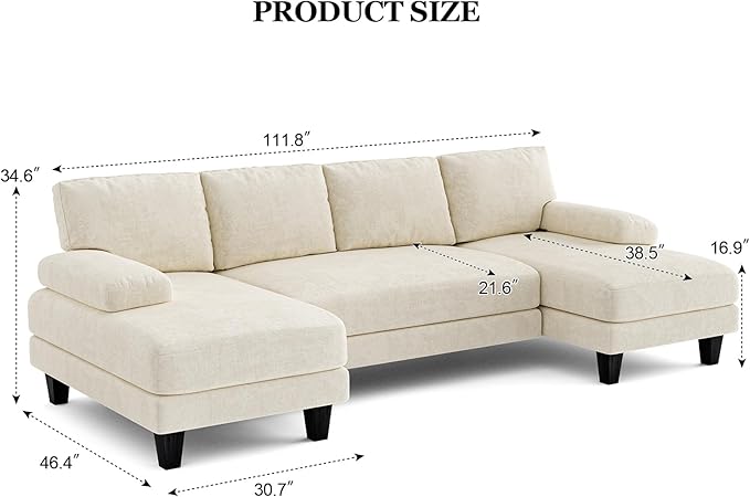 Txtin's U Shaped Sectional Couches for Living Room, 111 Inch Modular Sofa with Double Chaise, Large Lounge Couch for Apartment, Warm White