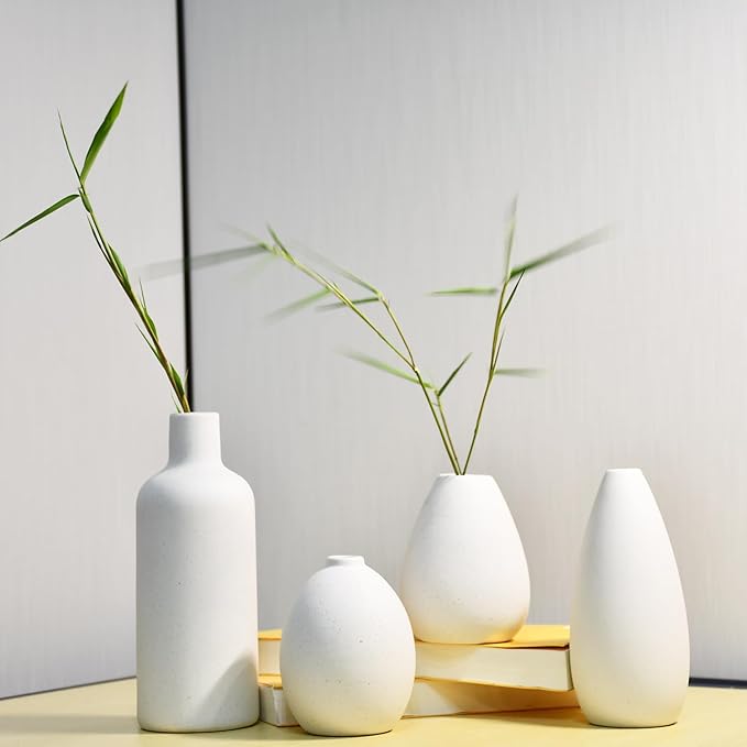 Vase Set of 4,White Decorative Vases for Home Decor,Bedroom,Farmhouse,Study Room,Living Room Decor Ceramic Small Vases Modern Dry Flower Vase