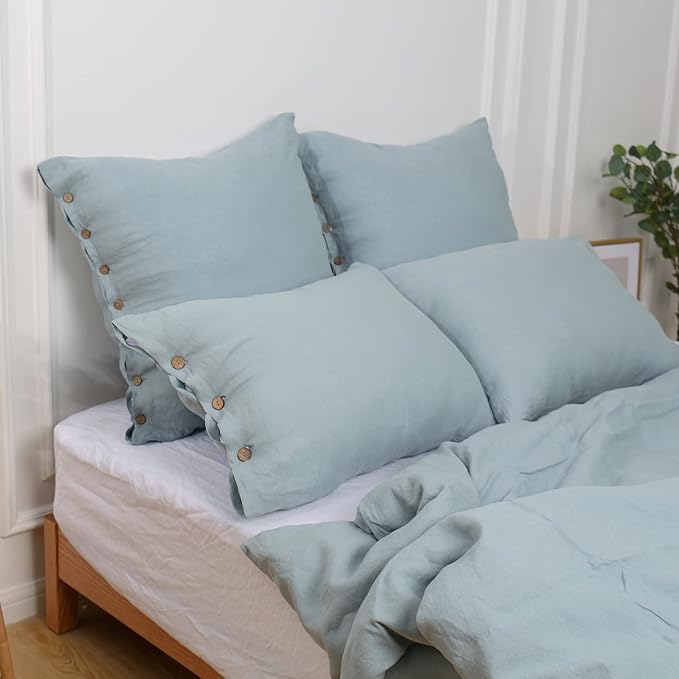 Simple&Opulence 100% Washed Linen Euro Sham Cover, 26 x 26 Inch, Decorative Bed Pillow Cover with Coconut Button, Solid Color Pillow Shams Set of 2 (Dusty Blue)