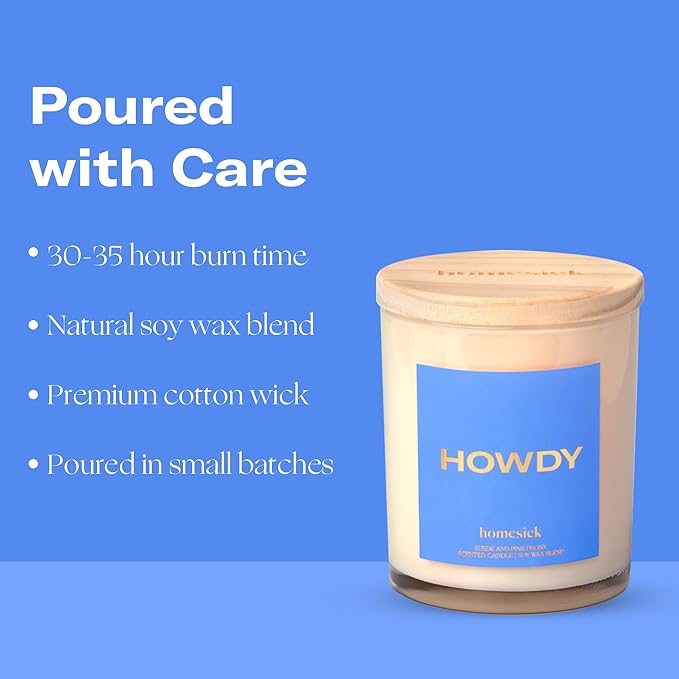 Homesick Scented Candles for Home (Howdy) - 7.5 oz Long-Lasting Natural Soy Wax Blend Jar Candle Gift for Women & Men for All Occasions, 30-35 Hours Burn Time - Notes of Pink Peony & Suede