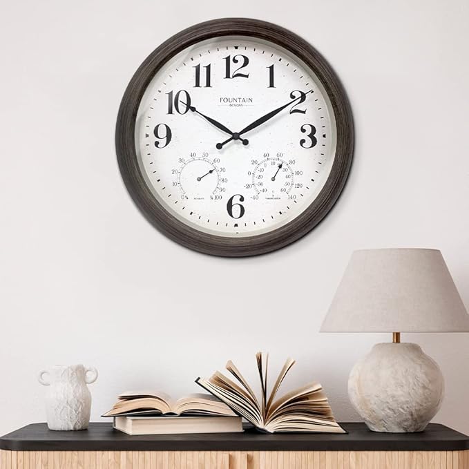 18 Inch Large Outdoor Clocks for Patio Large Waterproof with Thermometer,Outdoor Clock Thermometer Combo,Weatherproof for Patio,Pool and Garden Decor,Grey Oak