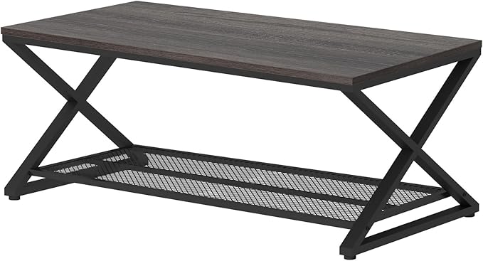 LVB Industrial Grey Coffee Table, 2 Tier Wood Metal Living Room Table, Wooden Rectangle Center Table with Storage, Farmhouse Low Cocktail Tea Table for Home Office Bedroom, Dark Gray Oak, 39 Inch