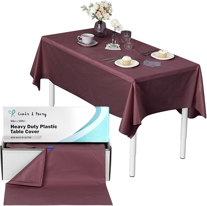 Craft And Party, 54 in x 100 feet Plastic Table Cover Roll for Party, Banquet, Picnic, Kids Activities for Any Size and Shape Table (Brown, 54" x 100ft)