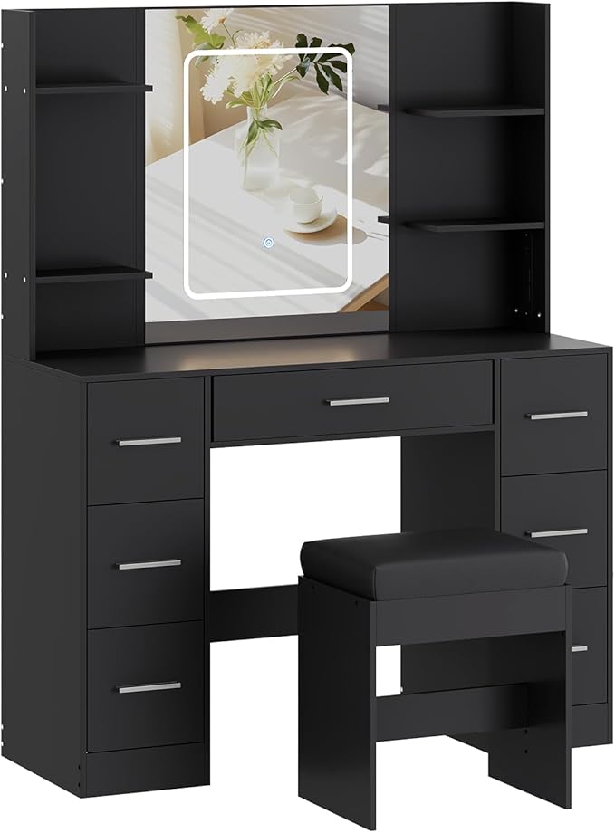 Hetoy Vanity Desk with Mirror and Lights - Makeup Vanity Desk with Chair - Dressing Table with 7 Drawers and Hair Dryer Rack for Bedroom