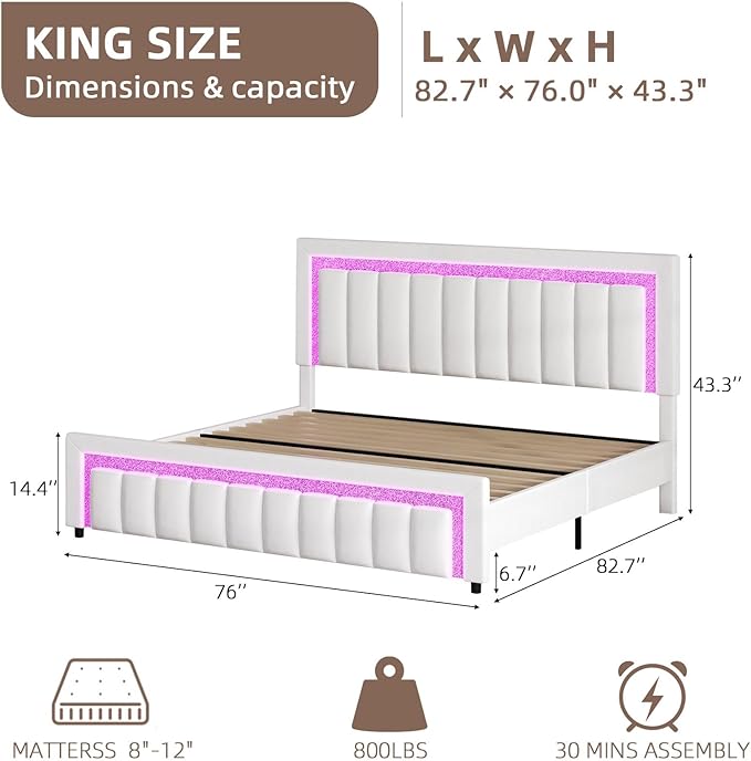 HOMBCK King Size Bed Frame with LED Lights and Velvet Upholstered Headboard, Bed Frame King with Modern Diamond Headboard Adjustable, Wooden Slats Support, Noise Free, No Box Spring Needed, White