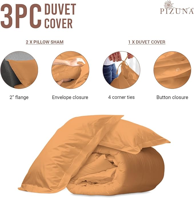 Pizuna Pure 100% Cotton Queen Duvet Cover Set, Luxurious 400 Thread Count Long Staple Cotton Sateen Weave with Button Closure (Combed Apricot Orange Cotton Duvet Cover Queen)