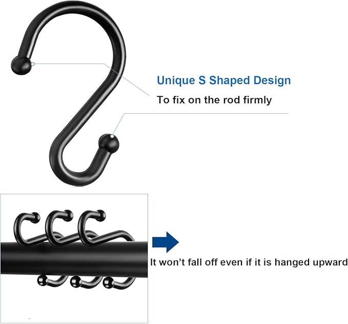 Shower Curtain Hooks Rings, Stainless Steel S Shaped Shower Hooks Rust Proof, Metal Shower Curtain Hangers for Shower Curtains, Kitchen, Wardrobe & Garden, Matte Black, Set of 12