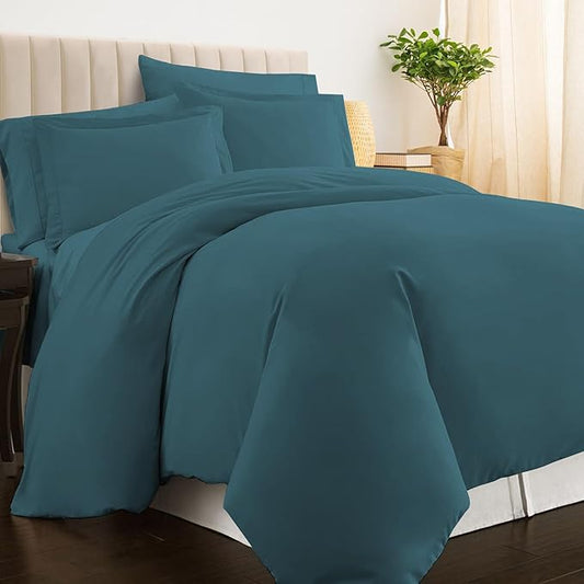 Pizuna Pure 100% Cotton Queen Duvet Cover Set, Luxurious 400 Thread Count Long Staple Cotton Sateen Weave with Button Closure (Combed Peacock Blue Cotton Duvet Cover Queen)