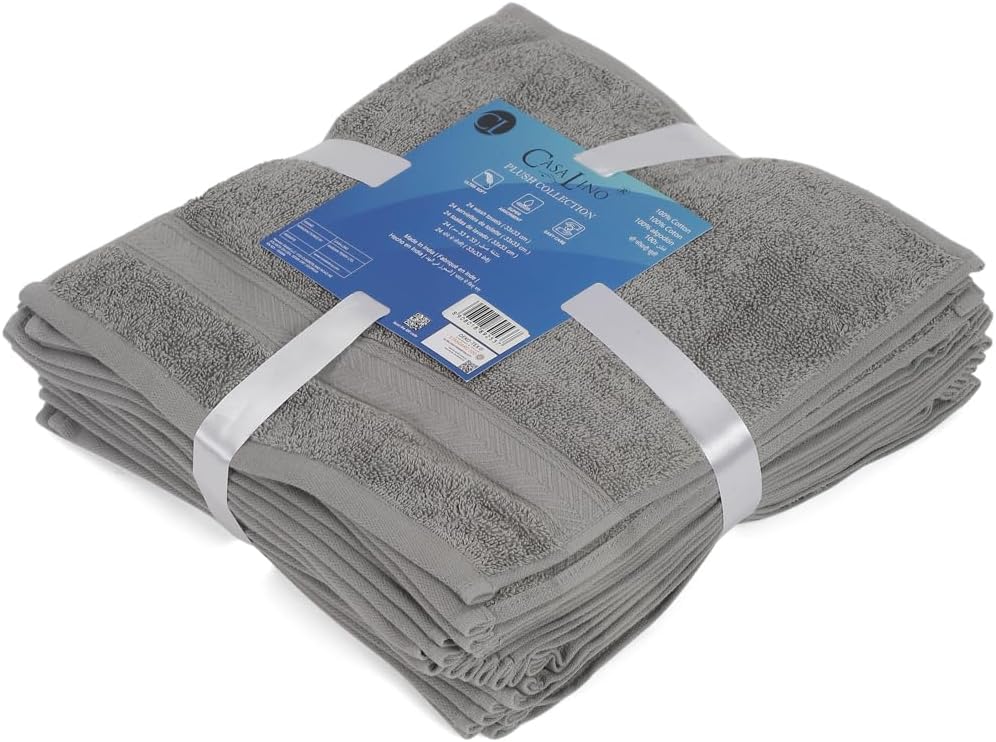 Casa Lino Face Towels & Body Wash Cloths for Showering - 100% Cotton Wash Cloths for Bathroom - Highly Absorbent & Quick Drying Washcloth Set - Cotton Washcloths 24 Pack (12" x 12") - (Silver Grey)