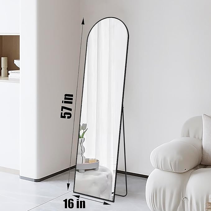 57x16 Door Hanging Full Length Mirror, Floor Stand (Height 5.7ft just Body in1.3ft) / Wall Mounted Metal Frame Arch Dressing Mirrors for Bedroom Living Room 57 inch Black