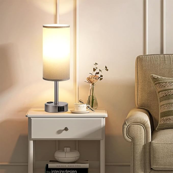 Grey Bedside Table Lamp for Bedroom - 3 Way Dimmable Touch Lamp USB C Charging Ports and AC Outlet, Small Lamp for Living Room, Desk, LED Bulb Included