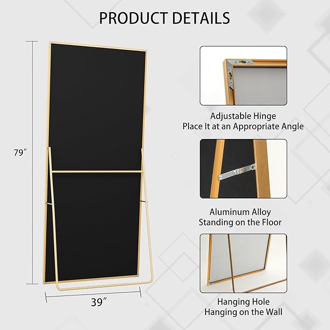 Beauty4U 79" x 39" Large Full Length Mirror with Stand, Metal Frame Gold Wall Mounting Full Body Tempered Mirror for Living Room, Bedroom