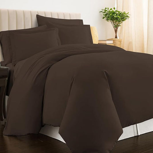 Pizuna Pure 100% Cotton Queen Duvet Cover Set, Luxurious 400 Thread Count Long Staple Cotton Sateen Weave with Button Closure (Combed Dark Brown Cotton Duvet Cover Queen)