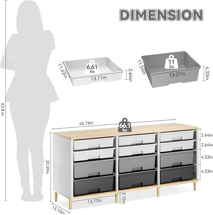 Storage Cabinet with 12 Drawers, Home Storage With Wooden Tabletop, Cube Storage Organizer for Living Room, Bedroom, Classroom, Office, Playroom, Craft Room, (Grey)