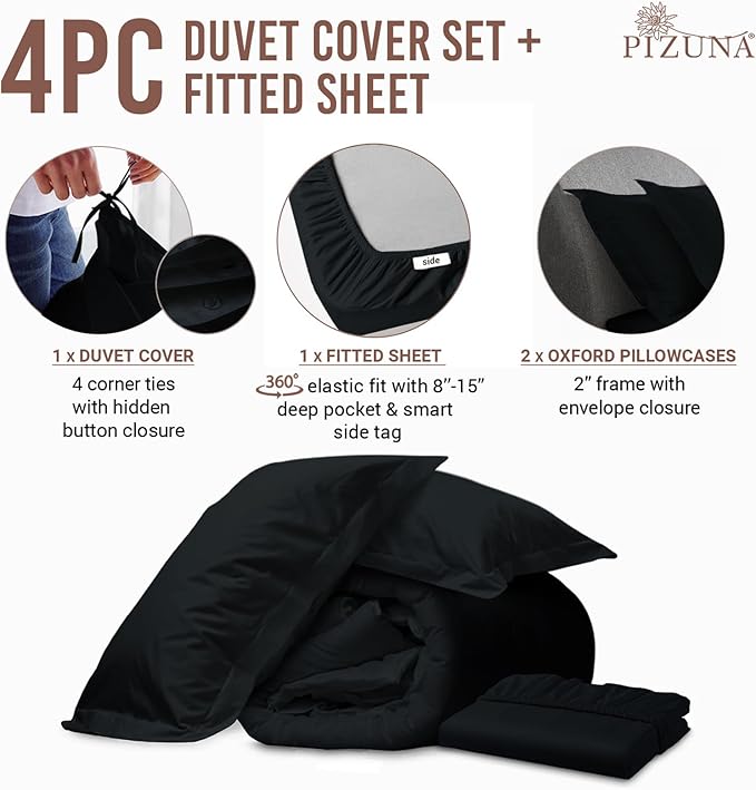 Pizuna 100% Cotton Queen 3 Pc Duvet Cover + 1 Pc Fitted Sheet Set 400 Thread Count Black Sateen Weave Luxurious Long Staple Cotton 4 Piece Bedding Set - 1 Duvet Cover, 2 Pillow Shams, 1 Fitted Sheet