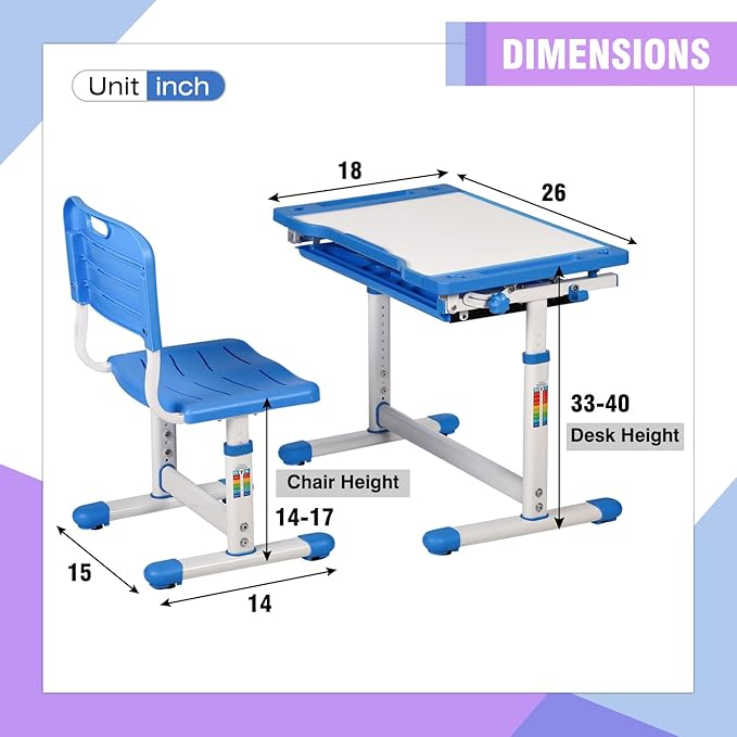 PayLessHere Kids Desk and Chair Set,Height Adjustable Study Desk for Kids with Pull Out Drawer Storage,Multi-Function Study Desk and Chair for Writing, Reading and Drawing,Blue