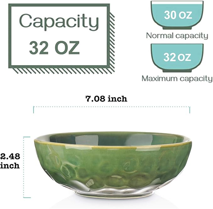 vicrays Ceramic Pasta Bowls Set, 32 Ounce Soup Bowls, Large Salad Bowls, Chip Resistant, Dishwasher Microwave Safe, Fluted stoneware Bowls for Kitchen, Serving Bowls, Set of 6 (Green)