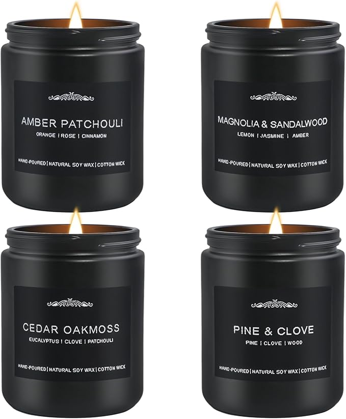Scented Candle Set for Men, 4 Pack Black Jar Candles with Manly Scents – Amber Patchouli, Magnolia Sandalwood, Cedar Oakmoss, Pine Clove, Soy Wax Aromatherapy Gift for Him, Dad, Husband, Father's Day