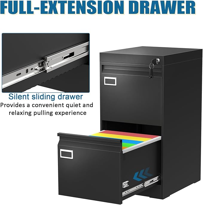 2 Drawer File Cabinet with Lock, Metal Small File Cabinet, Black Filing Cabinets for Home Office, Vertical File Cabinets Locked for A4/F4/Letter/Legal, Easy Assemble
