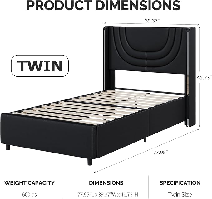 Twin Bed Frame with LED Lights, Faux Leather Upholstered Platform with Silver Wingback Headboard, Modern Style, No Box Spring Needed, Easy Assembly, Black