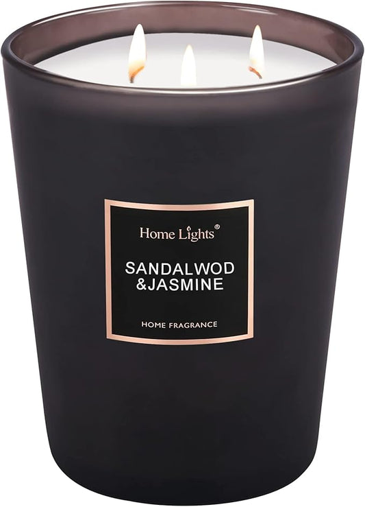 HomeLights Scented Candles | Large Jar 33.3 Oz Natural Soy Candle | 130 hrs with 3 Cotton Wicks, Sandalwood Jasmine Home Fragrance Candles Gift