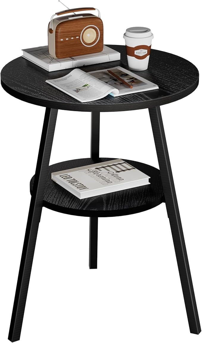 INHABIT UNION Round Side Table 2 Tier End Table Small Accent Table Black Sofa Table for Living Room/Bedroom, with Wooden Boards Storage