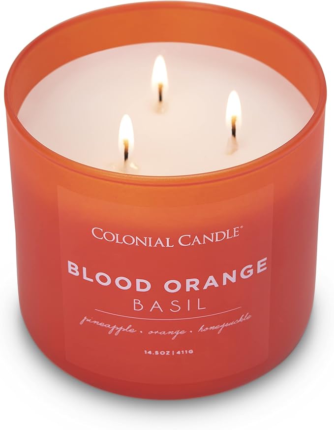 Colonial Candle Blood Orange Basil Scented Jar Candle, Pop of Color Collection, 3 Wick, Orange, 14.5 oz - Up to 60 Hours Burn