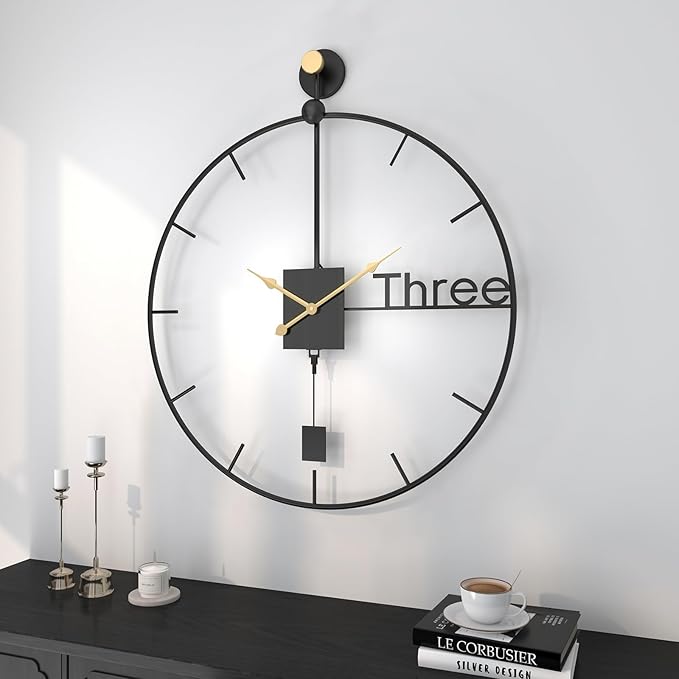 Wall Clock with Swing Pendulum, 20 inch Modern Battery Operated Silent Non-Ticking Metal Wall Clock for Living Room Decor, Decorative Hanging Clock for Bedroom, Office, Kitchen, Home