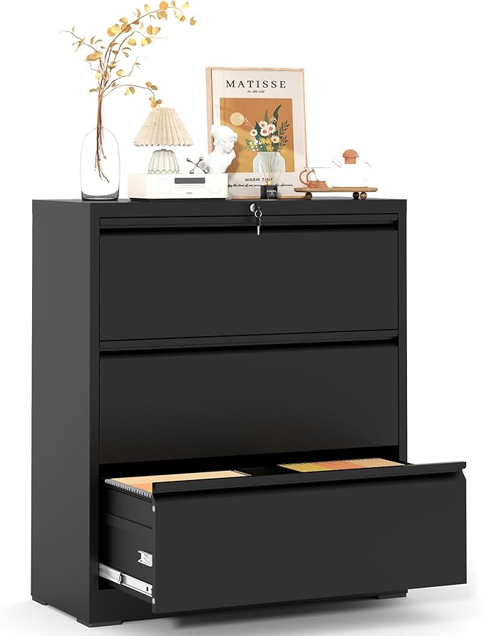 Metal Lateral File Cabinets with Lock,3 Drawer Filing Cabinets for Home Office,Storage Cabinets for Hanging Files Letter/Legal/F4/A4 (Black)