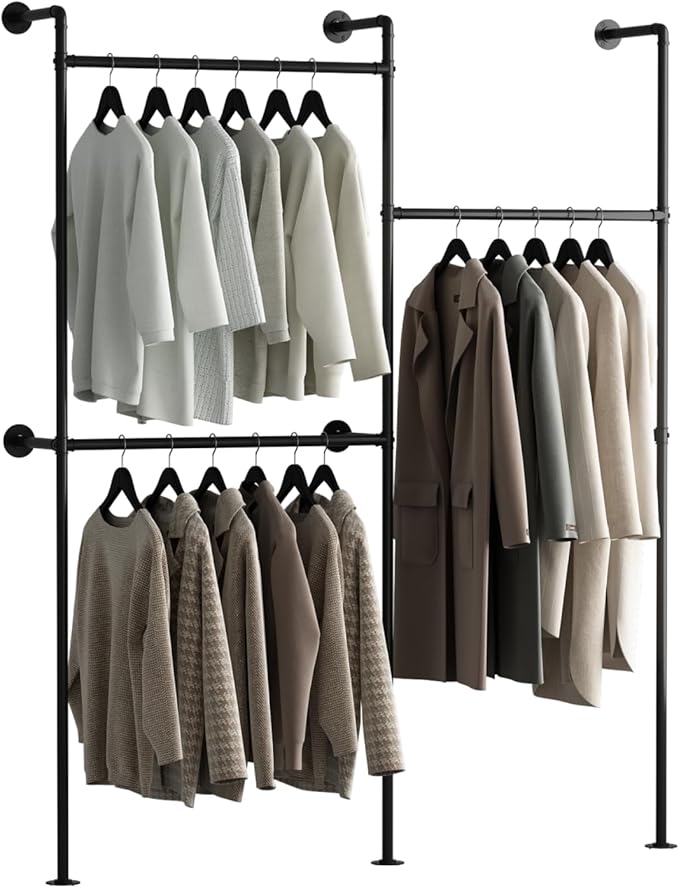 Industrial Pipe Clothing Rack Wall Mount, Black Pipe Clothes Rack with 3 Hanging Rods, Heavy Duty Pipe Clothing Rack for Laundry Room, Closet Systems for Walk in Closets