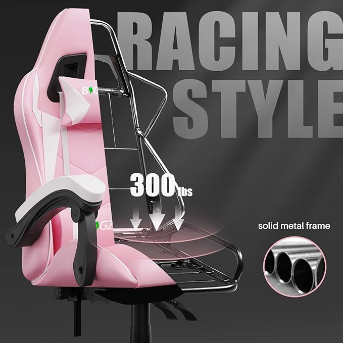 Pink Gaming Chair High Back, Ergonomic Computer Gamer Chair with Headrest and Lumbar Support, Racing Style Reclining Game Chair for Adults, Kids