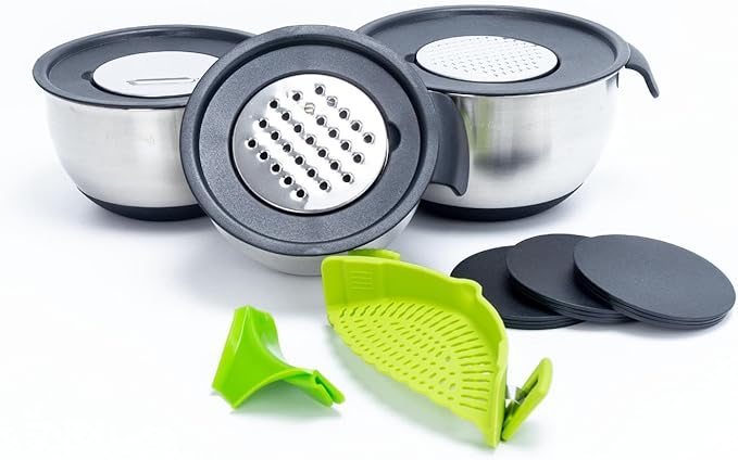 Stainless Mixing Bowl & Lids Holiday BBQ Picnic: Lids Pour Spout Ergonomic Handles For Kitchen With Non Slip Silicone Base Strainer Graters For Kitchen Gift Set