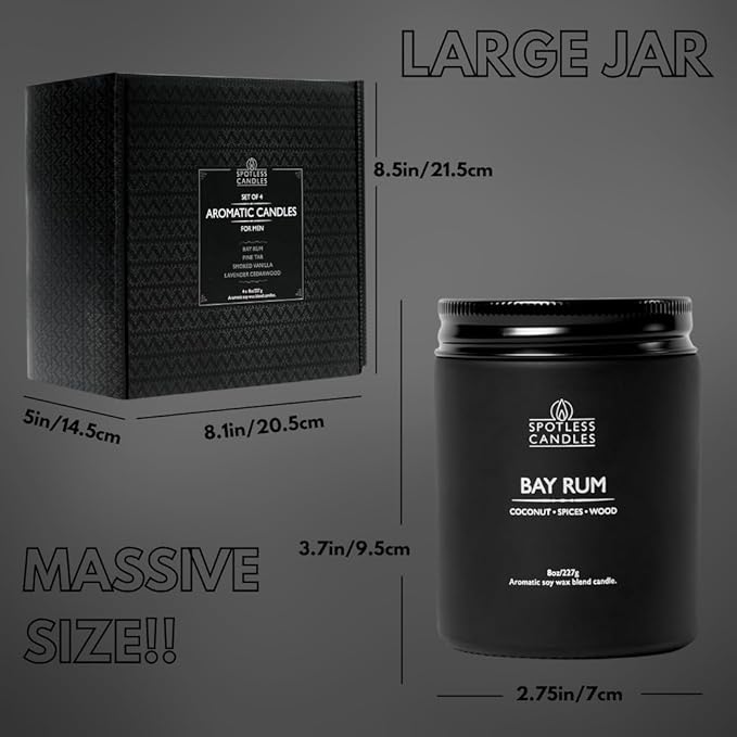 Scented Candles for Men - 200 Hours Burn Time in Gift Box & Protective Shipper - Men Candle Set x 4 - Cedarwood & Lavender/Bay Rum/Pine Tar/Smoke & Vanilla - Spotless Leopard