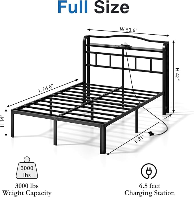 Full Bed Frame - Storage Headboard with Charging Station & Galaxy Aurora Projector, 14 Inch Sturdy Metal Platform Bed Frame No Box Spring Needed, Easy Assembly, No Noise, Black