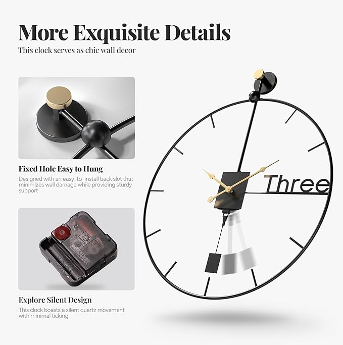 Wall Clock with Swing Pendulum, 20 inch Modern Battery Operated Silent Non-Ticking Metal Wall Clock for Living Room Decor, Decorative Hanging Clock for Bedroom, Office, Kitchen, Home