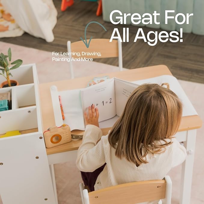 Art Table for Kids - 3 in 1 Kids Table and Chairs Set (2 Chairs Included), White Wooden Craft Table for Kids with Bookshelf and Paper Roller, Arts & Crafts Activity Table - Kids Art Table by Cal & Rye