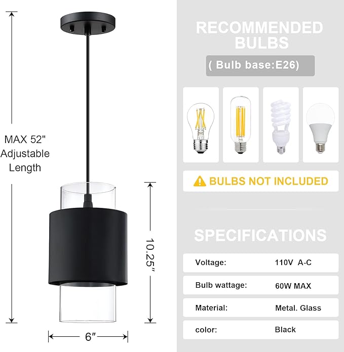 1 Light 3 Pack Hanging Indoor Kitchen Island Pendant Light 6" Drum Glass Shade Pendant Ceiling Light Fixtures Modern Farmhouse Dinning Over Sink (Black Finish)
