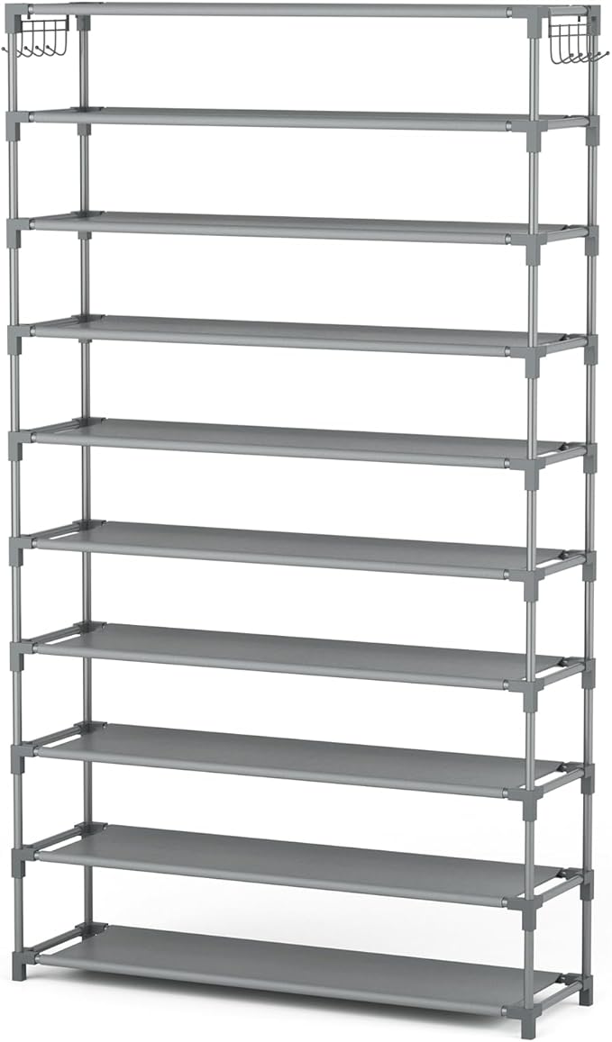 10 Tiers Shoe Rack 50 Pairs Large Capacity Tall Shoe Organizer Sturdy Shoe Storage with Two Hooks Space Saving Metal Wide Shoe Rack for Closet, Entryway, Bedroom, Grey