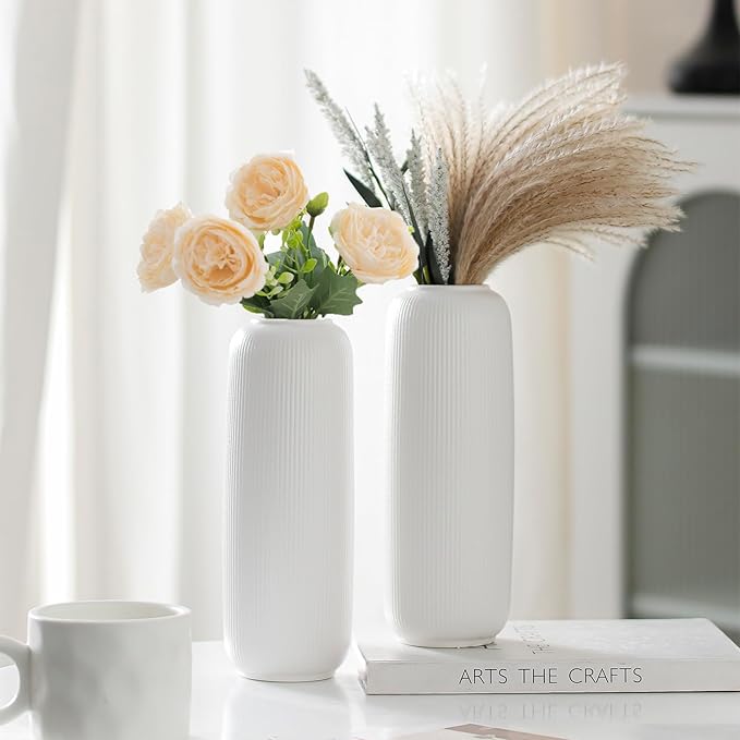 White Ceramic Vases for Flowers, 9.8 INCH Modern Small Ribbed Textured White Flower Vase for Home Decor, Pampas Grass, Decorative, Farmhouse, Coffee Table, Bookshelf and Home Living